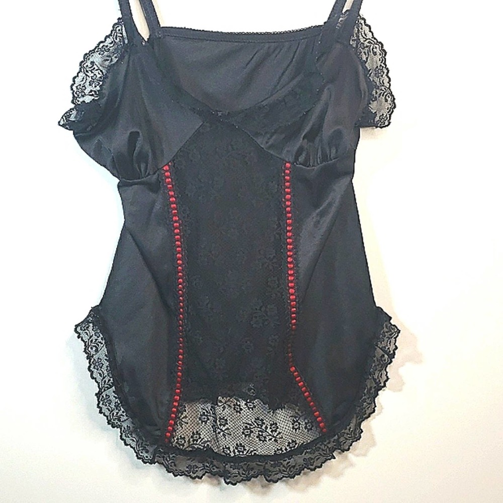 Nan Flower Vintage Sz M Satin Nylon Black Chemise Cami